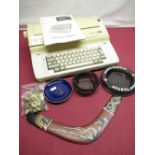 Samsung SQ-1200 electronic typewriter, Harp Lager glass ashtray, Younger's Tartan glass ashtray,