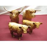 Beswick Highland Bull no 2008 H13cm, Beswick Highland model no 1740 H12.5cm and two Beswick Highland