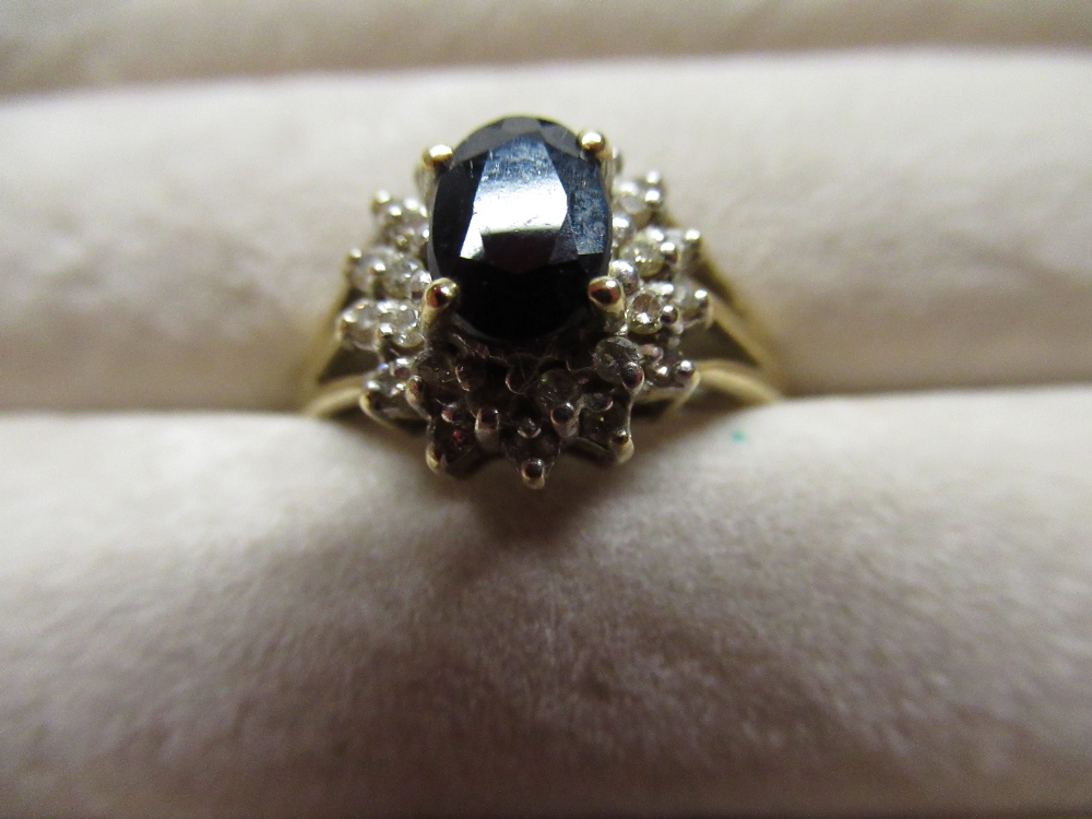 Hallmarked 9ct yellow gold diamond and sapphire cluster ring, size N and a pair of sapphire and - Image 2 of 3