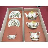 Coalport Indian Tree miniature cabinet trio, matching three piece tea set, Caverswall miniature