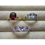 9ct white gold ring set with diamonds separating lilac stones, size O, 9ct yellow gold ring set with