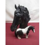 Late C20th painted alloy horses head on shaped base, H44cm, Leonardo black and white heavy resin