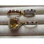 9ct yellow gold diamond yellow stone ring, size P, 9ct yellow gold red and white stone ring, size M,