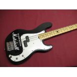 Marlin Slammer bass guitar in black and white finish, missing one string, tone dials and damage