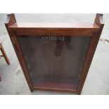 Oak display cabinet with four glass shelves, hinged door titled "Antiques", W61cm D12cm H90cm