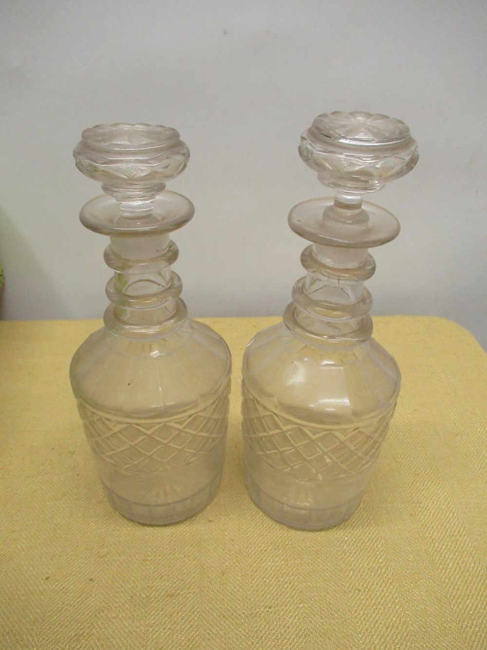 Mid C19th Georgian style mallet decanters with triple ring collar and hollow mushroom stoppers H22. - Image 2 of 2