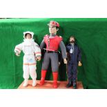 Set of three figures inc. vintage Action Man in pilots overalls with beard, Action Man in space suit