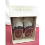 Pair of boxed as new Ted Baker, London, blatina stone suede leather backless slippers, size 10