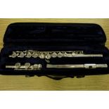 Cased Trevor J James, London, three piece silver plated flute, serial no. 75866