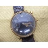 Hanhart WWII era mono pusher pilots hand wound chronograph wristwatch, black bicompax dial with