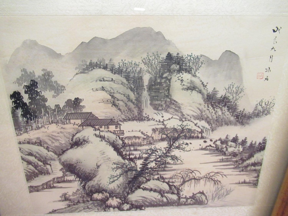 Chinese School (C20th); Traditional Chinese landscape, watercolour on silk, six character marks - Image 3 of 3