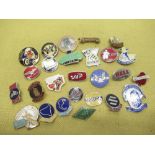 Large selection of various motorcycling related pin and other badges including Sheffield Tigers
