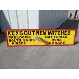Keys cut and watch repair, hand painted advertising sign, 244cm by 61cm and a advertising sign for