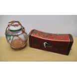 C20th red lacquer glove box, hinged dished top decorated with exotic birds on a branch, gilt