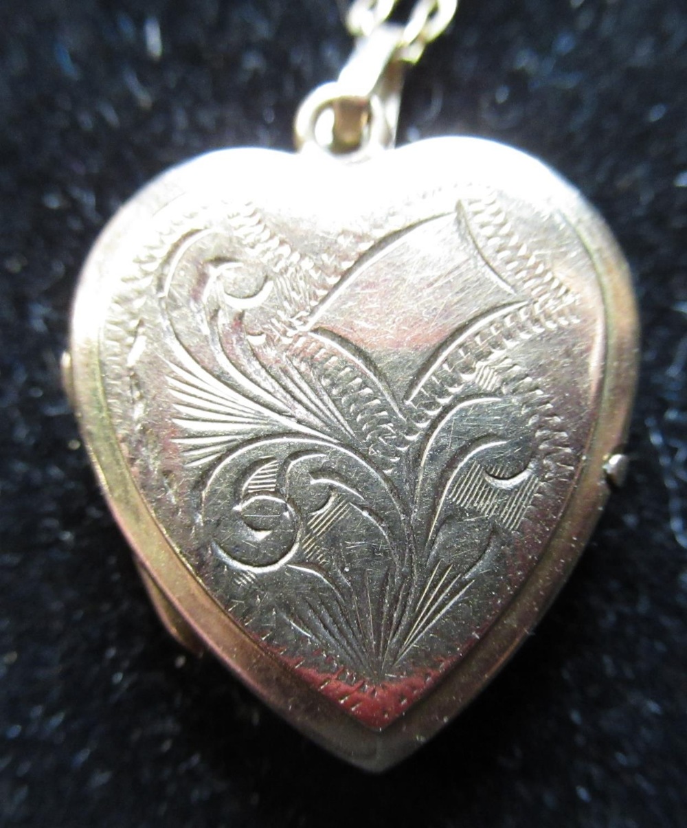 9ct yellow gold bright cut heart shaped locket, on a link chain necklace, another with an eye - Image 4 of 4