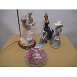 Nao figure of a seated lady in a hat, manufactures mark to the base and impressed no.A-21 M,