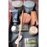 Two Vintage tea and coffee canisters, leather collar box, two Simpson & Williams Mustard tins, a