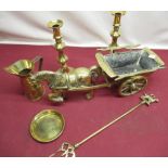 Small selection of brassware including shire horse and cart, a Scottish pin dish, two brass