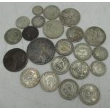 Selection of pre 1947 Victorian and later GB coinage including Victoria 1888 crown, 1860 penny, 1853
