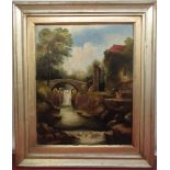 English School (C19th); Mill race by a stone bridge crossing a river, oil on canvas, 51cm x 40cm