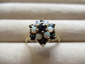 Hallmarked 9ct yellow gold opal and sapphire cluster ring, Birmingham, 1976, size O, 2.9g