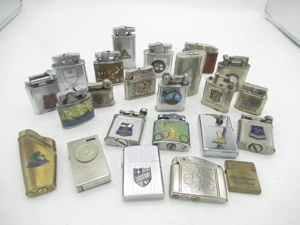 Collection of lighters with various insignias and locations inc. Melbourne 1956 Olympics, CCCP,