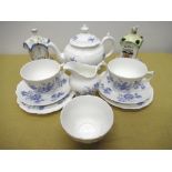 Coalport Divinity Blue 9 piece tea service and two Coalport pastel burners "The Tollhouse" and