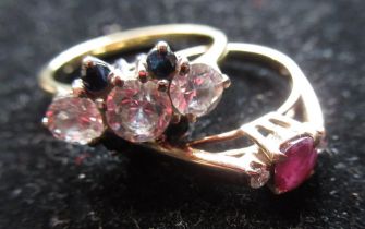 18ct yellow gold sapphire and white stone ring, size O, 3.8g and a 14ct yellow gold ruby ring,