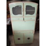 Vintage Retro green and cream painted arched top kitchen cabinet, two glazed and two panel doors,