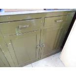 C20th Vintage green painted kitchen cupboard with two doors, and a similar base unit with white