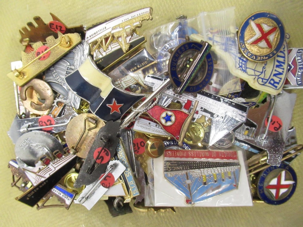 Selection of various ship related enamel and pin badges including Seacat, Queen Mary, Waverley,