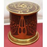 C20th rosewood cylindrical string box, inlaid with brass Art Nouveau foliage, H10cm
