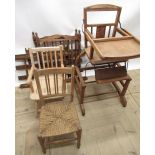 C20th child's Bentwood framed high chair/walker, two child's chairs and child's cot (4)