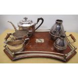 Early C20th WMF Georgian style teapot with ebonised handle, H16cm matched sugar and cream, an