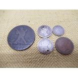 1790 Edinburgh half-d token, Victorian 1884 half-farthing, Victorian 1848 2D, Victorian 1863 3D,