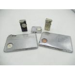 3 lighters and 2 lighter/cigarette cases with clocks inbuilt by Ingersoll, Aircraft and Swank (5)