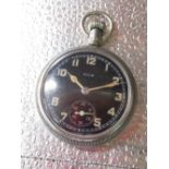 Elgin open faced keyless pocket watch military style black dial with Arabic numerals, rail track