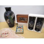 WWI embroidered silk handkerchief with lace edge, 1960s chad Valley "Happy Days" tinplate money box,