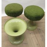 Set of three West German Emsa green composition stools, two with faux green fur tops (3)