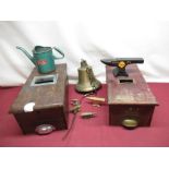 Brass bell, Braime of Leeds oil can, small cast metal Shell oil anvil, 4 smaller brass anvils and