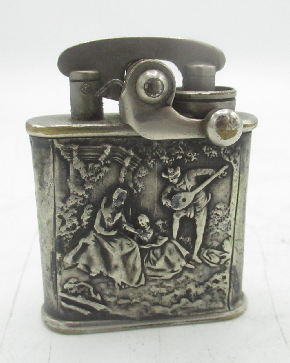 Colibri Original silver 850 banded lighter, scene of a bard playing to two ladies