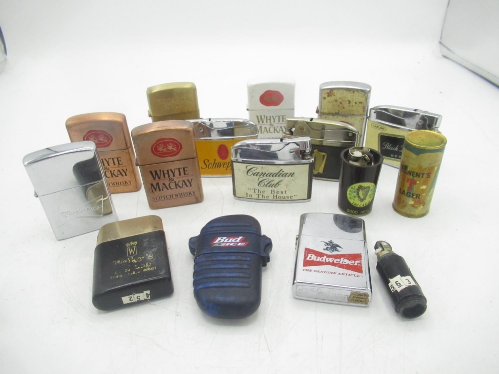 Collection of lighters relating to beverages inc. Budweiser, Bacardi Spice, Whyte and Mackay, etc