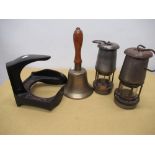C20th school bell with turned wood handle, on riveted brass plate, overall H29cm, early C20th cast