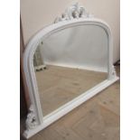 Victorian style overmantle mirror, arched plate in white frame with pierced cresting, W130cm H93cm