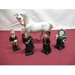 Four Royal Doulton Dickens figures and a Doulton model of a prancing Grey horse (5)