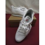 Boxed as new Reebok Classic white leather trainers, size 11.5