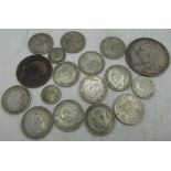 Selection of pre 1947 Georgian and later coinage including 1892 crown, various one shillings and