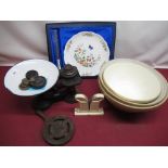 Set of Avery style kitchen scales, with enameled bowl, a Queens silver jubilee metal pan stand,