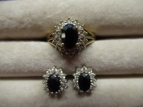 Hallmarked 9ct yellow gold diamond and sapphire cluster ring, size N and a pair of sapphire and