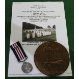 Military medal group with WWI bronze memorial plaque (death penny) for Arthur Jacob Thomson, and